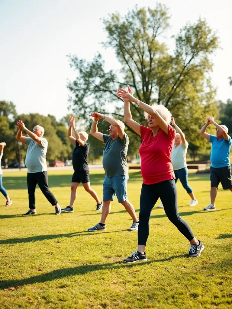A diverse group of adults participating in a fitness class outdoors in a rural setting, emphasizing inclusivity and community involvement.