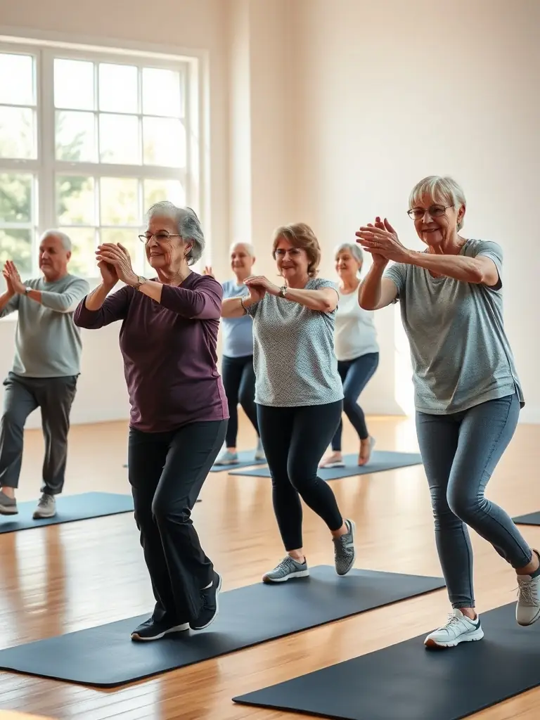 A group of seniors participating in a gentle exercise program in a community hall, led by a trainer. The scene emphasizes the importance of senior fitness and social interaction.