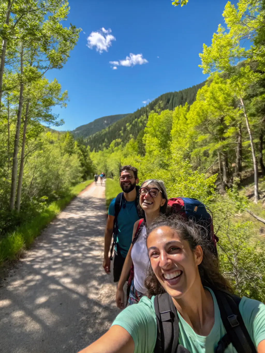 Participants hiking through a scenic rural trail, surrounded by nature. The image highlights the beauty of the rural landscape and the benefits of outdoor activities.