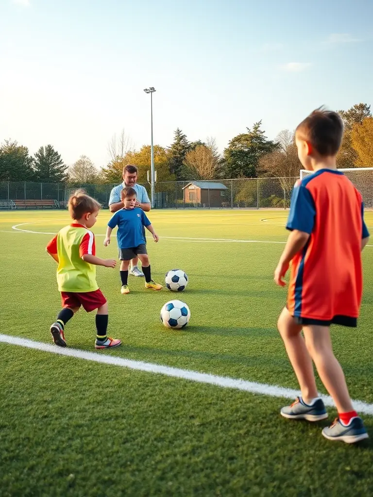 A group of children playing soccer on a rural field, wearing sports jerseys and smiling, with a coach guiding them. The scene captures the joy and teamwork of youth sports in a rural setting.
