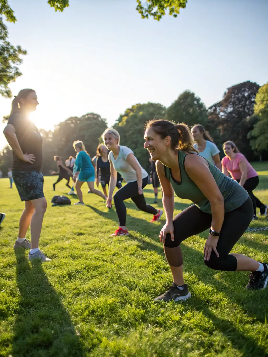 A diverse group of adults participating in a fitness class outdoors, led by an instructor. They are performing various exercises, with a focus on promoting health and wellness in the community.
