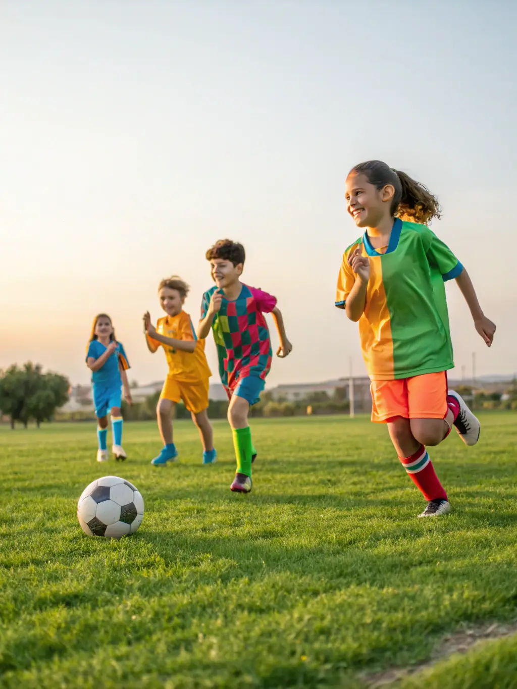 A group of children participating in a soccer clinic on a sunny field in rural Correze, showcasing youth engagement in sports.